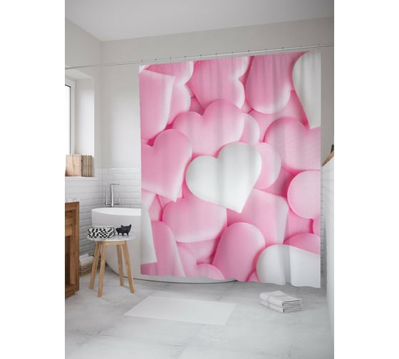 Штора для ванной JOYARTY "Вкусные сердечки" из сатена, 180x200 см с крючками sc_422632 1