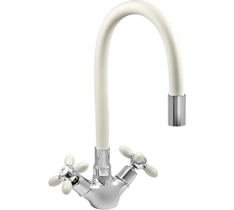 Смеситель для мойки Juguni двуручный с гибким силиконовым изливом (белый), креп. гайка, 0402.140