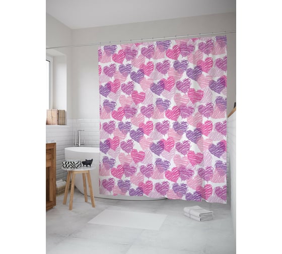 Штора для ванной JOYARTY "Мелковые сердечки" из сатена, 180x200 см с крючками sc_422623 1