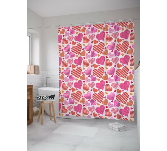 Штора для ванной JOYARTY "Много сердец" из сатена, 180x200 см с крючками sc_422660 1