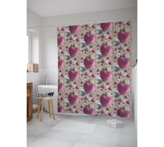 Штора для ванной JOYARTY "Объемные сердца" из сатена, 180x200 см с крючками sc_422656 1