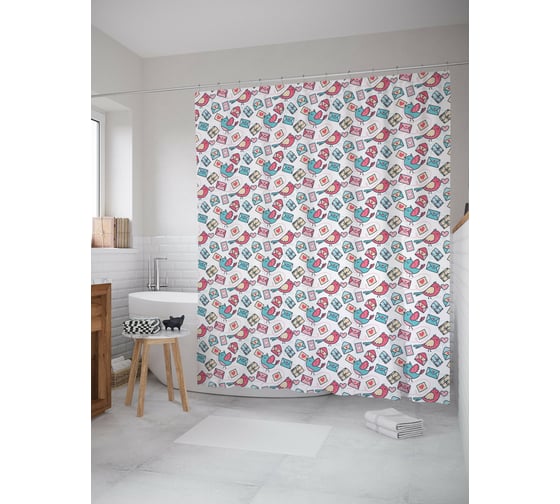 Штора для ванной JOYARTY "Птички с письмом" из сатена, 180x200 см с крючками sc_422723 1