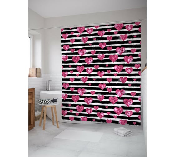 Штора для ванной JOYARTY "Сердечки и полоски" из сатена, 180x200 см с крючками sc_422719 1