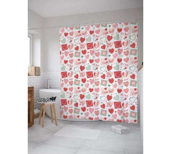 Штора для ванной JOYARTY "Я люблю тебя" из сатена, 180x200 см с крючками sc_422631 1