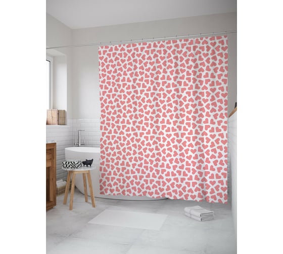 Штора для ванной JOYARTY "Pink heart" из сатена, 180x200 см с крючками sc_422650 1