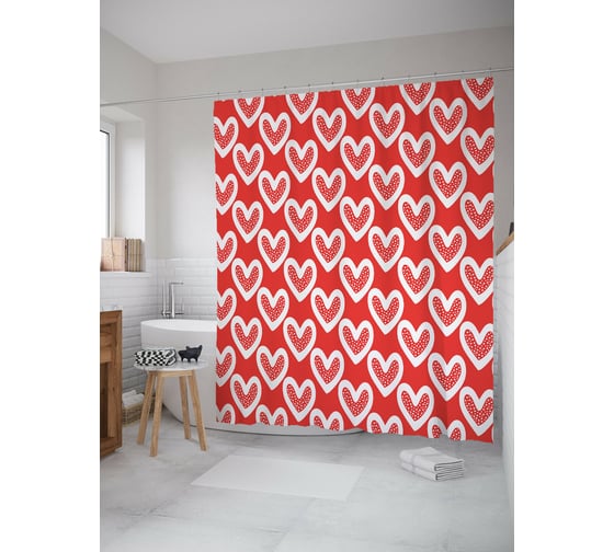 Штора для ванной JOYARTY "Белое сердце" из сатена, 180x200 см с крючками sc_422716 1