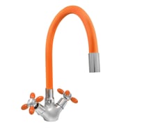 Смеситель для мойки Juguni двуручный с гибким силиконовым изливом (оранжевый), креп. гайка, 0402.141