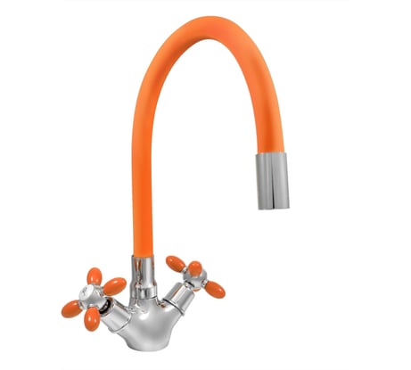 Смеситель для мойки Juguni двуручный с гибким силиконовым изливом (оранжевый), креп. гайка, 0402.141