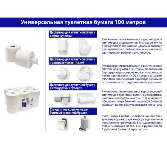 Туалетная бумага для диспенсера Luscan Prof Etalon ЦВ 2 слоя, белый, целлюлоза, 100 м., 12 рул/уп 1579043