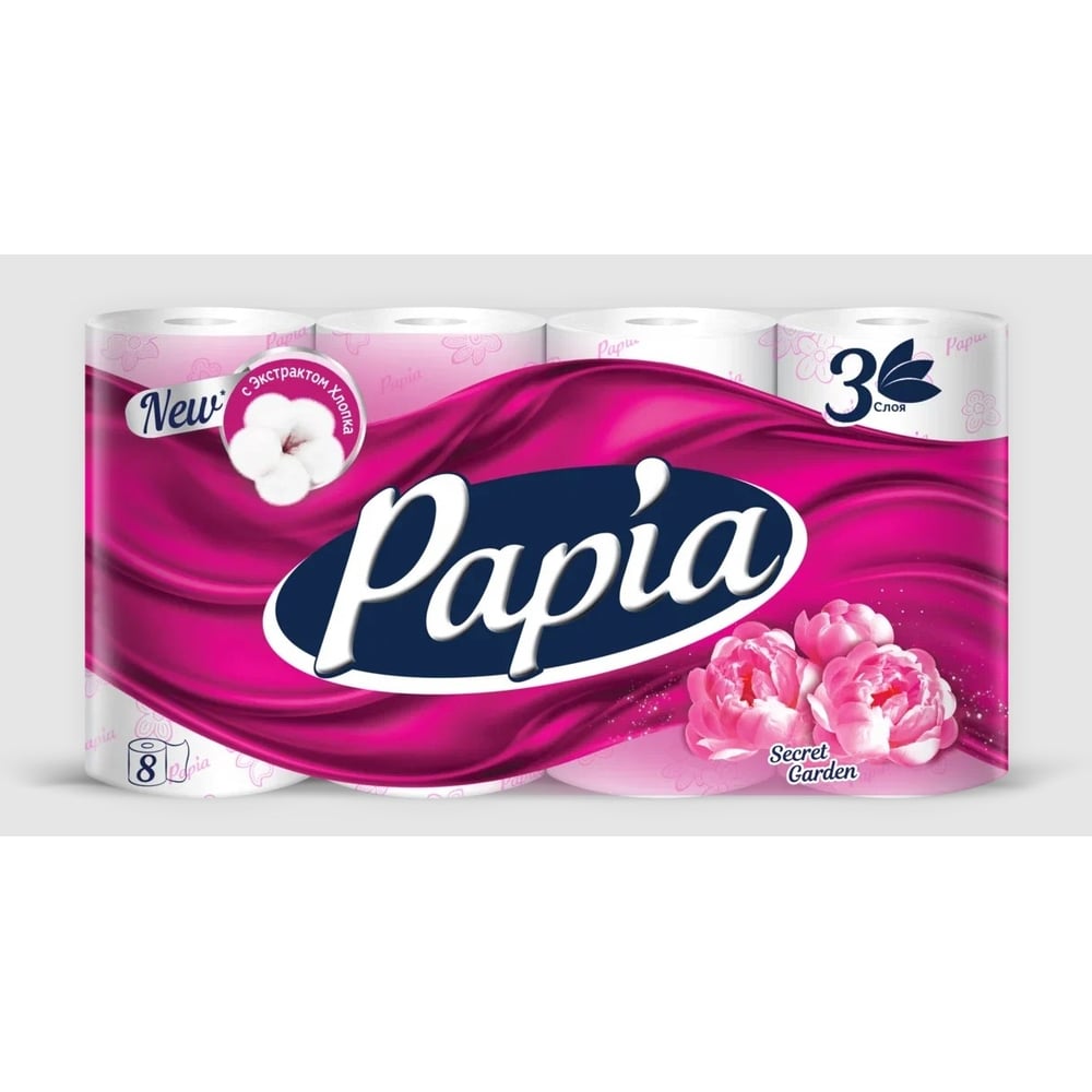 Туалетная бумага PAPIA Таинственный сад 3 слоя, 8 рулонов 1015031411 ...