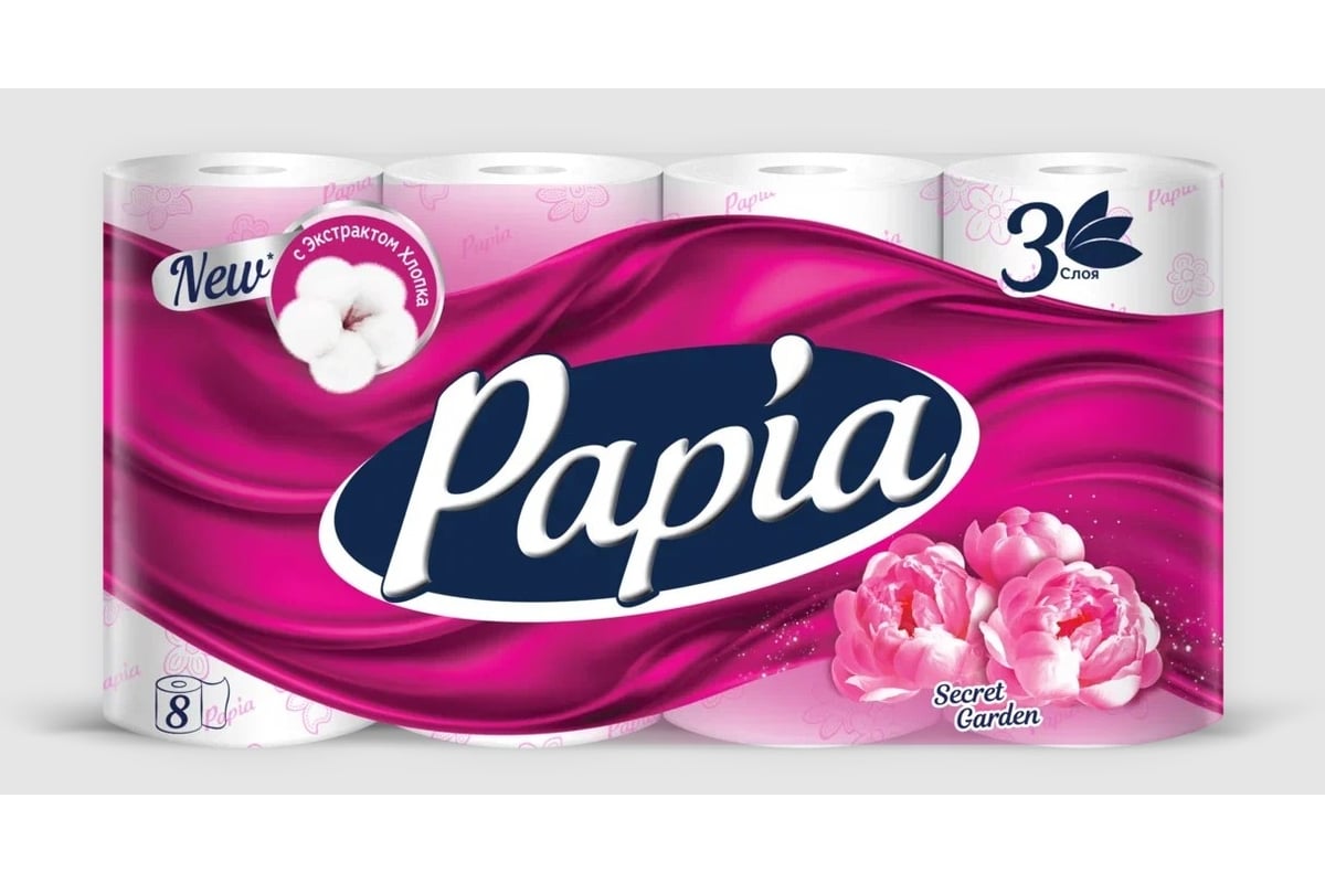 Туалетная бумага PAPIA Таинственный сад 3 слоя, 8 рулонов 1015031411 ...