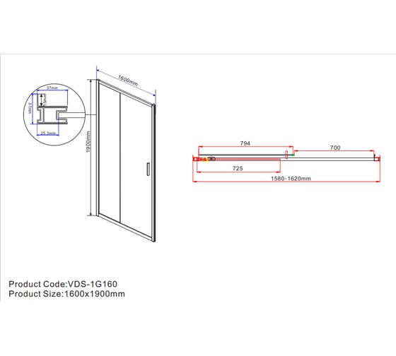 Душевая дверь VINCEA Garda 1600, хром, стекло прозрачное VDS-1G160CL