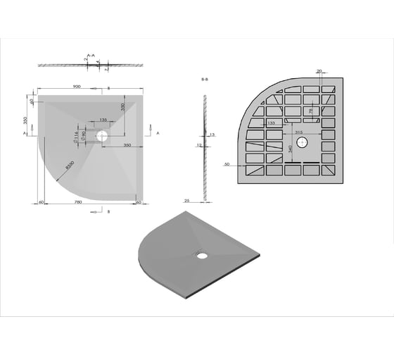 Поддон для душа VINCEA из искусственного камня, 900x900x25, серый VST-4SQ9090G