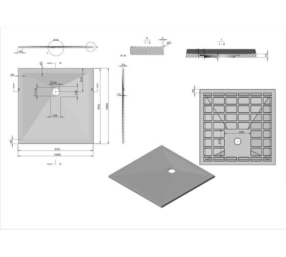 Поддон для душа VINCEA из искусственного камня, 1000x1000x25, белый матовый VST-4SR1010W