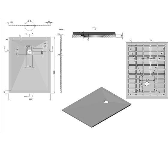 Поддон для душа VINCEA из искусственного камня, 1200x900x25, серый VST-4SR9012G