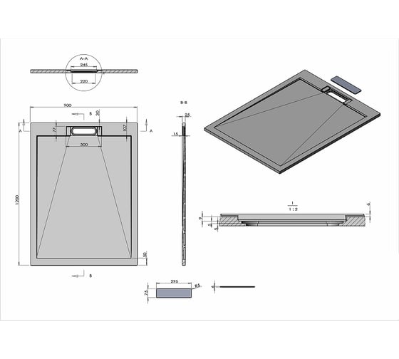 Поддон для душа VINCEA из искусственного камня, 1200x900x25, антрацит VST-4SRL9012A