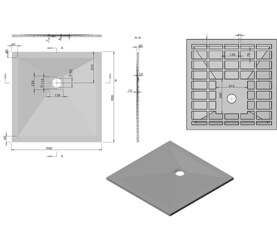Поддон для душа VINCEA из искусственного камня, 900x900x25, серый VST-4SR9090G
