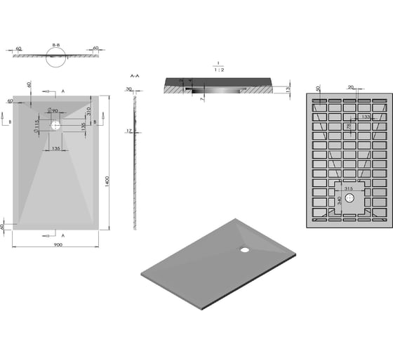 Поддон для душа VINCEA из искусственного камня, 1400x900x30, серый VST-4SR9014G