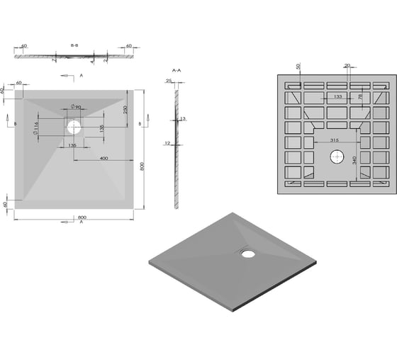Поддон для душа VINCEA из искусственного камня, 800x800x25, белый матовый VST-4SR8080W