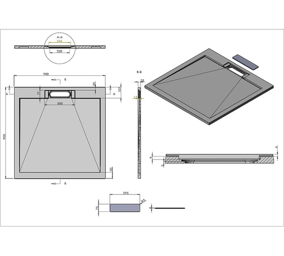 Поддон для душа VINCEA из искусственного камня, 900x900x25, антрацит VST-4SRL9090A