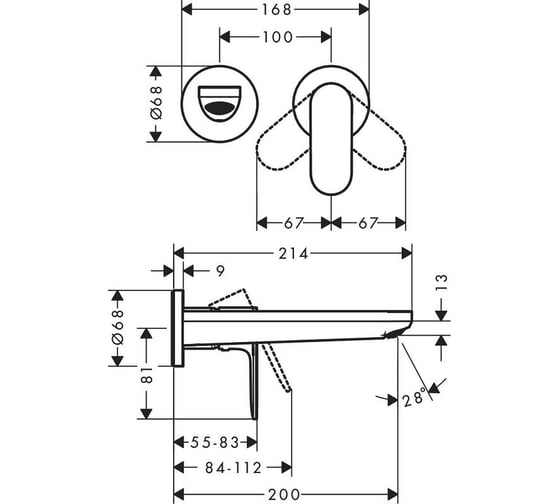 Смеситель для раковины Hansgrohe Rebris e настенный 2 отв. (внешняя часть) 72528000 00000122440