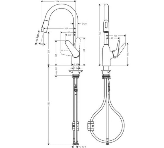 Смеситель для кухни Hansgrohe Focus m42 с вытяжным изливом, сталь 71800800 00000089548
