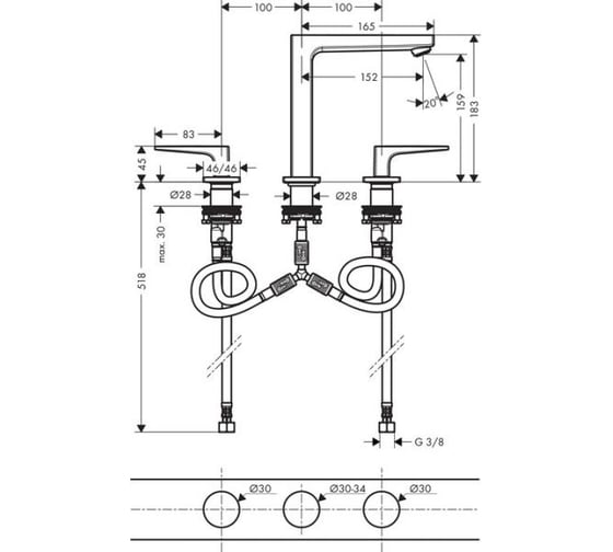 Смеситель для раковины Hansgrohe Metropol 160, на 3 отв., push-open 32515000 00000065424
