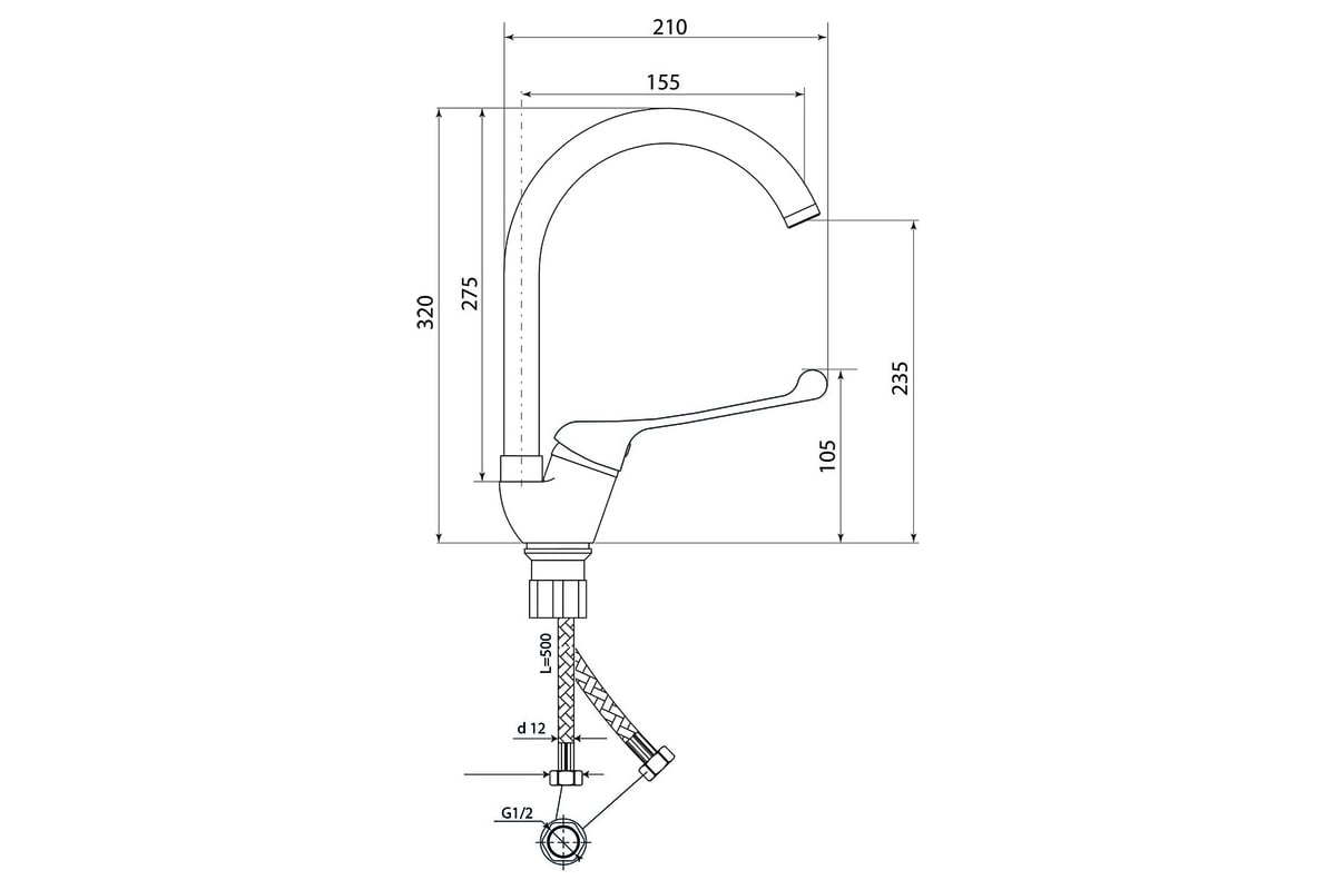 Смеситель для мойки СЛАВЕН с высоким изливом, локтевой, одноручный Х22 ...