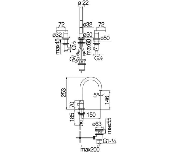Смеситель для раковины Nobili Lira на 3 отверстия, матовый черный lr116211/1t1bm 00000106827