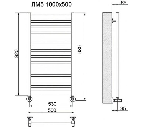 Полотенцесушитель modern лм-5 100/50 ral9005 черный матовый с вентилями (комплект люкс) Ника ЛМ 5 100/50 черный мат. с вентилями