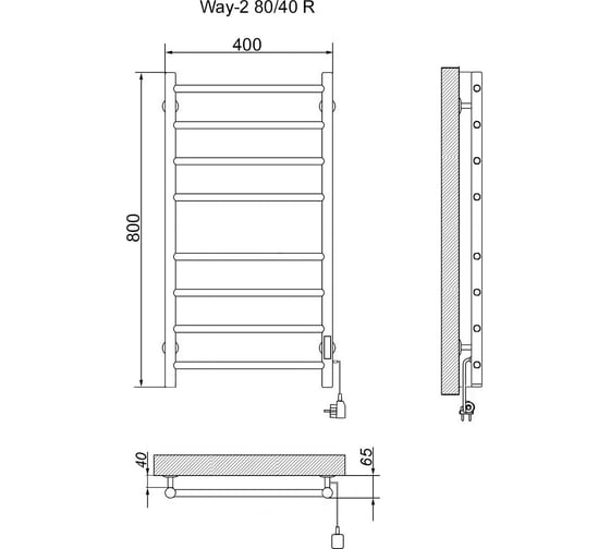 Электрический кабельный полотенцесушитель Ника Way-2 80/40 ral9016 белый матовый, правый тэн Way-2 80/40 бел прав