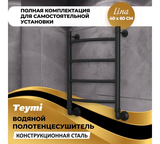 Водяной полотенцесушитель Teymi Lina П4 40x60, наружняя резьба 1", в максимальной комплектации К3, черный матовый W80150 ЦБ-00265226