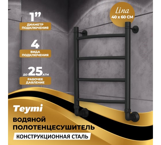 Водяной полотенцесушитель Teymi Lina П4 40x60, наружняя резьба 1", в максимальной комплектации К3, черный матовый W80150 ЦБ-00265226