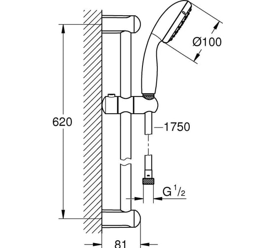 Душевой гарнитур GROHE Tempesta New, душевая штанга 600 мм, хром 26162001