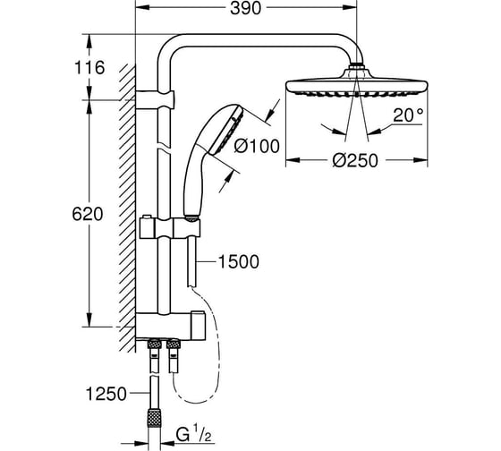 Душевая система GROHE Vitalio Start System 250 с переключателем на 3 положения, хром 26680000
