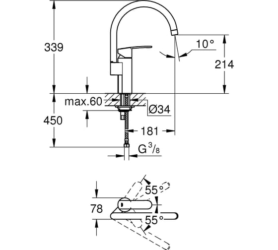 Смеситель для кухни GROHE Wave Cosmopolitan с высоким изливом, хром 32449001
