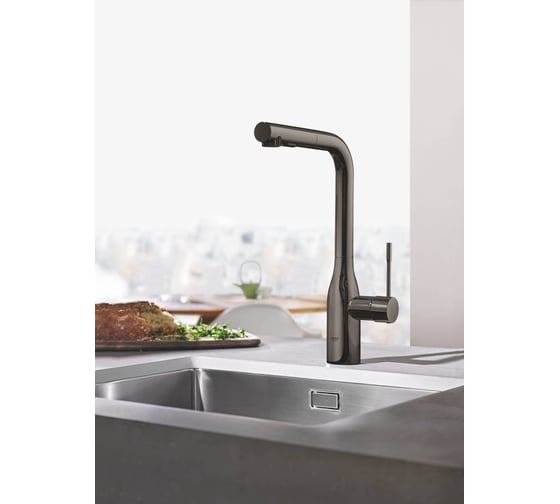 Смеситель для кухни GROHE Essence New с выдвижным изливом, тёмный графит глянец 30270A00