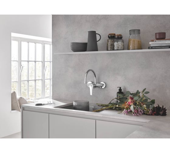 Смеситель для кухни GROHE Eurosmart 2021, настенный монтаж, высокий излив, вынос 245 мм, хром 32482003