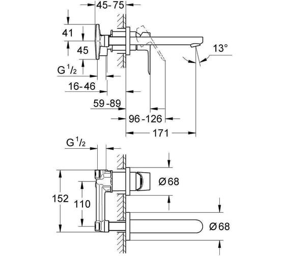 Смеситель для раковины Grohe BauEdge на 2 отверстия, настенный монтаж, хром 20474000 00000079985