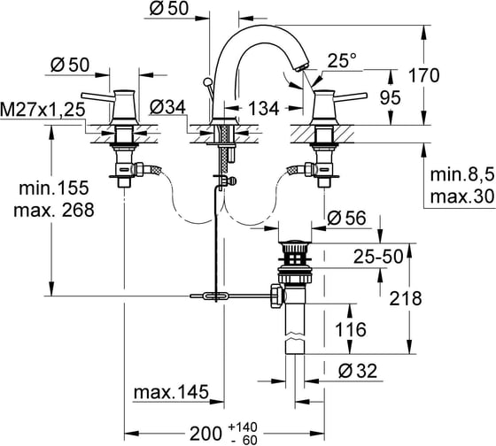 Смеситель для раковины Grohe BauClassic двухвентильный, на 3 отверстия, монтаж на раковину, хром 20470000 00000085433