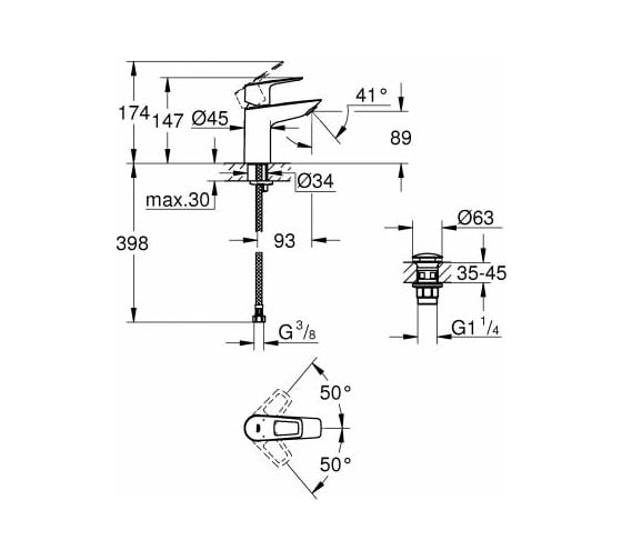 Смеситель для раковины Grohe BauLoop с ограничителем температуры и нажимным донным клапаном, размер S, хром 23878001