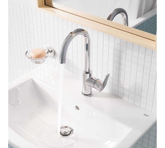 Смеситель для раковины Grohe BauEdge с ограничителем температуры и рычажным донным клапаном, размер L, хром 23760001