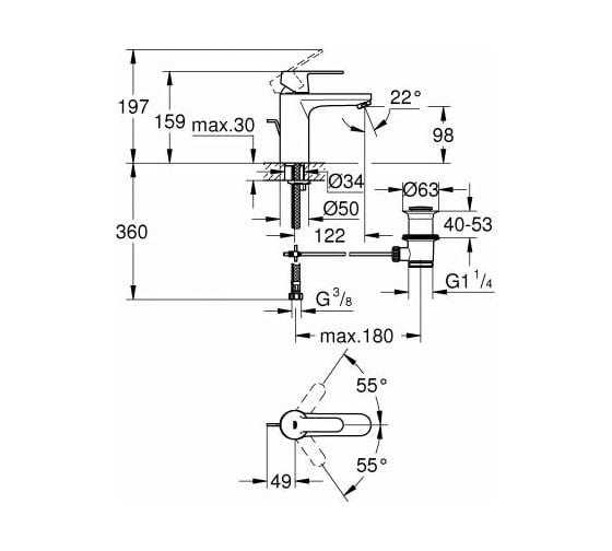 Смеситель для раковины Grohe Get со средним изливом, донный клапан 23454000