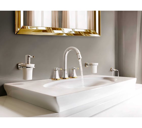 Смеситель для раковины Grohe Grandera с донным клапаном и высоким изливом, хром/золото 20389IG0