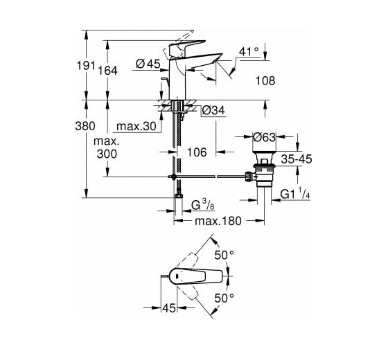 Смеситель для раковины Grohe Start Edge с рычажным донным клапаном, M-Size, хром 23774001