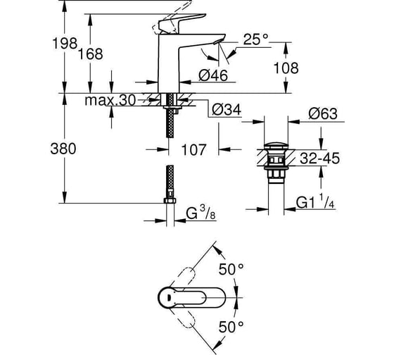 Смеситель для раковины Grohe Start Edge с донным клапаном, M-Size, хром 23775000
