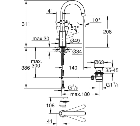 Смеситель для раковины Grohe Start Edge с донным клапаном, L-Size, хром 23776001