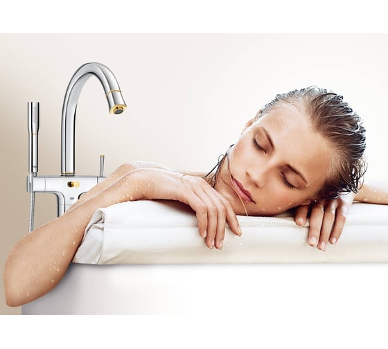 Смеситель для ванны Grohe Grandera с душевым гарнитуром, верхняя монтажная часть, напольный монтаж, хром/золото 23318IG0