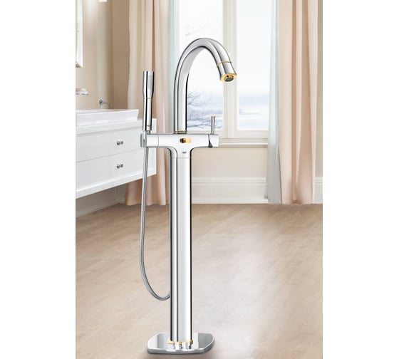 Смеситель для ванны Grohe Grandera с душевым гарнитуром, верхняя монтажная часть, напольный монтаж, хром/золото 23318IG0