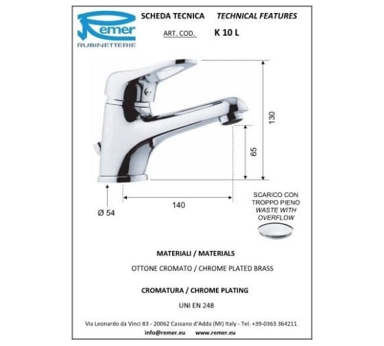 Смеситель для раковины REMER Kiss K10L